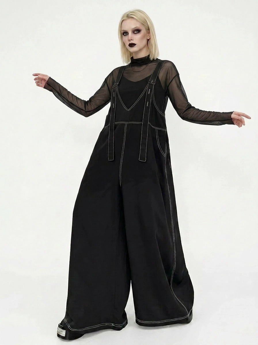 Casual Minimal Goth Contrast Stitch Wide-Leg Jumpsuit-SimpleModerne