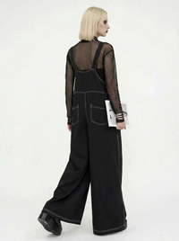 Casual Minimal Goth Contrast Stitch Wide-Leg Jumpsuit-SimpleModerne