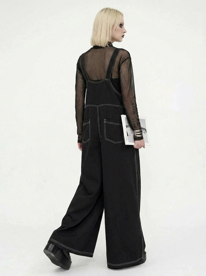 Casual Minimal Goth Contrast Stitch Wide-Leg Jumpsuit-SimpleModerne