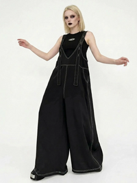 Casual Minimal Goth Contrast Stitch Wide-Leg Jumpsuit-SimpleModerne