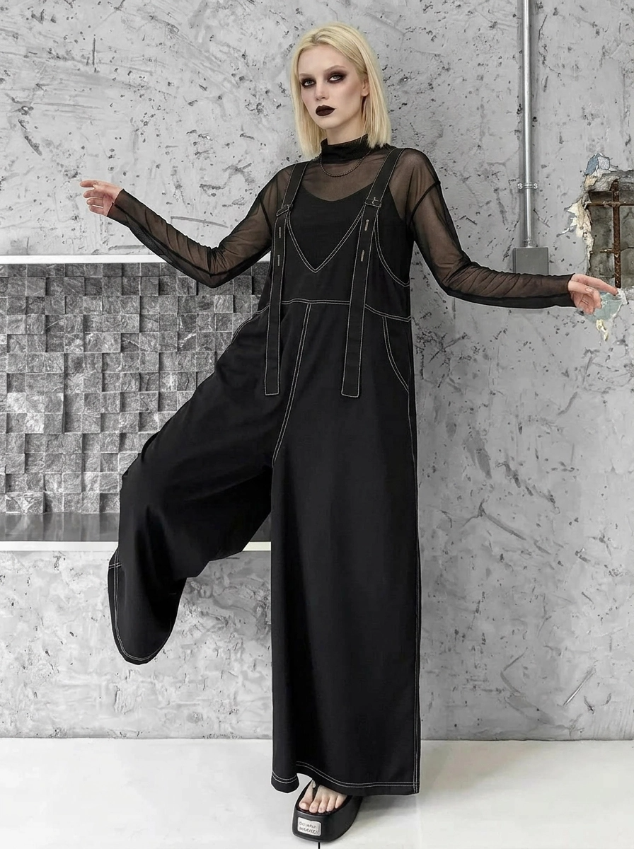 Casual Minimal Goth Contrast Stitch Wide-Leg Jumpsuit – SimpleModerne