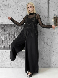 Casual Minimal Goth Contrast Stitch Wide-Leg Jumpsuit-SimpleModerne