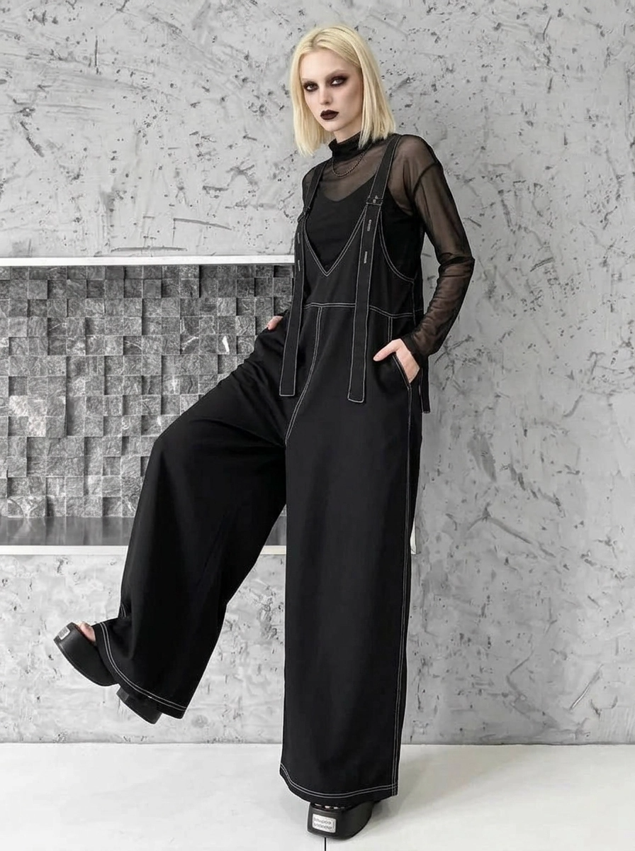 Casual Minimal Goth Contrast Stitch Wide-Leg Jumpsuit-SimpleModerne