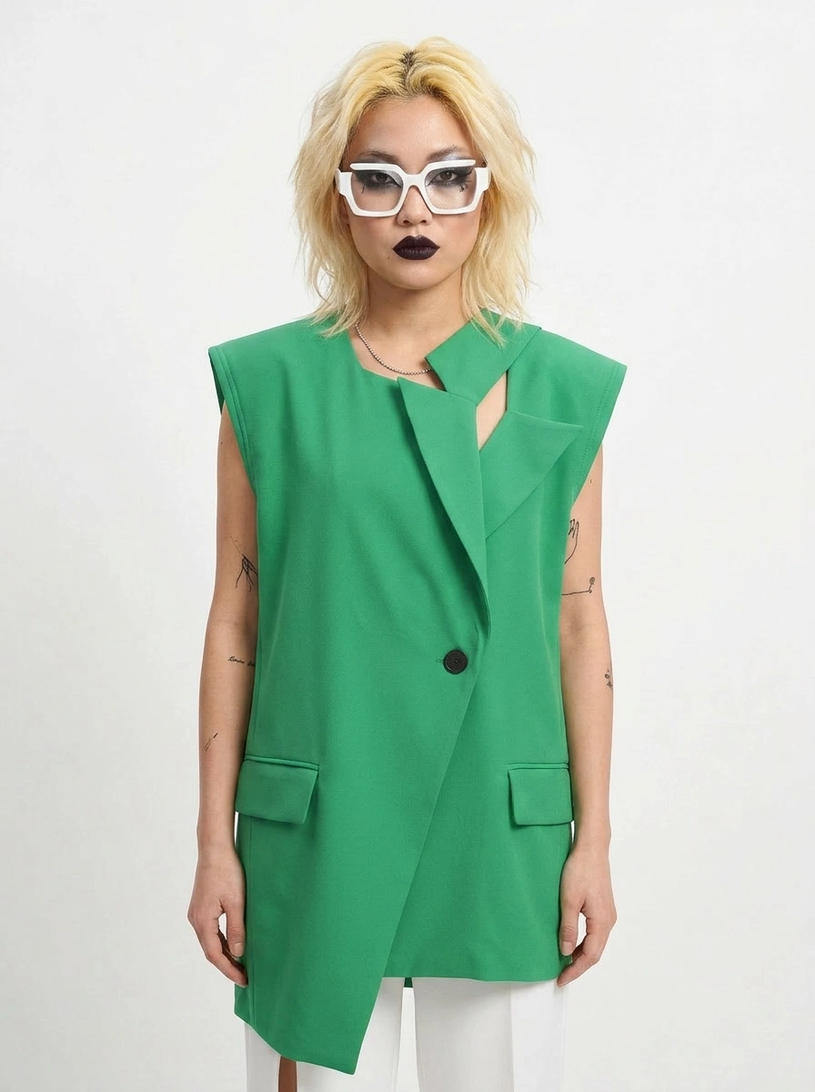 Asymmetric Raw-Edge Sleeveless Blazer-SimpleModerne