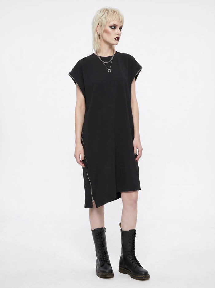 “Zip It” Asymmetric Zip Midi Dress-SimpleModerne