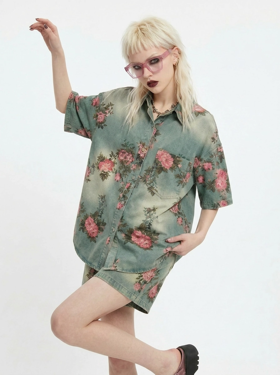Vintage Bloom Oversized Shirt-SimpleModerne