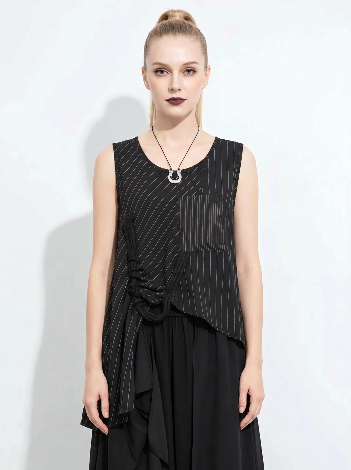 Asymmetrical Pinstripe Draped Top-SimpleModerne