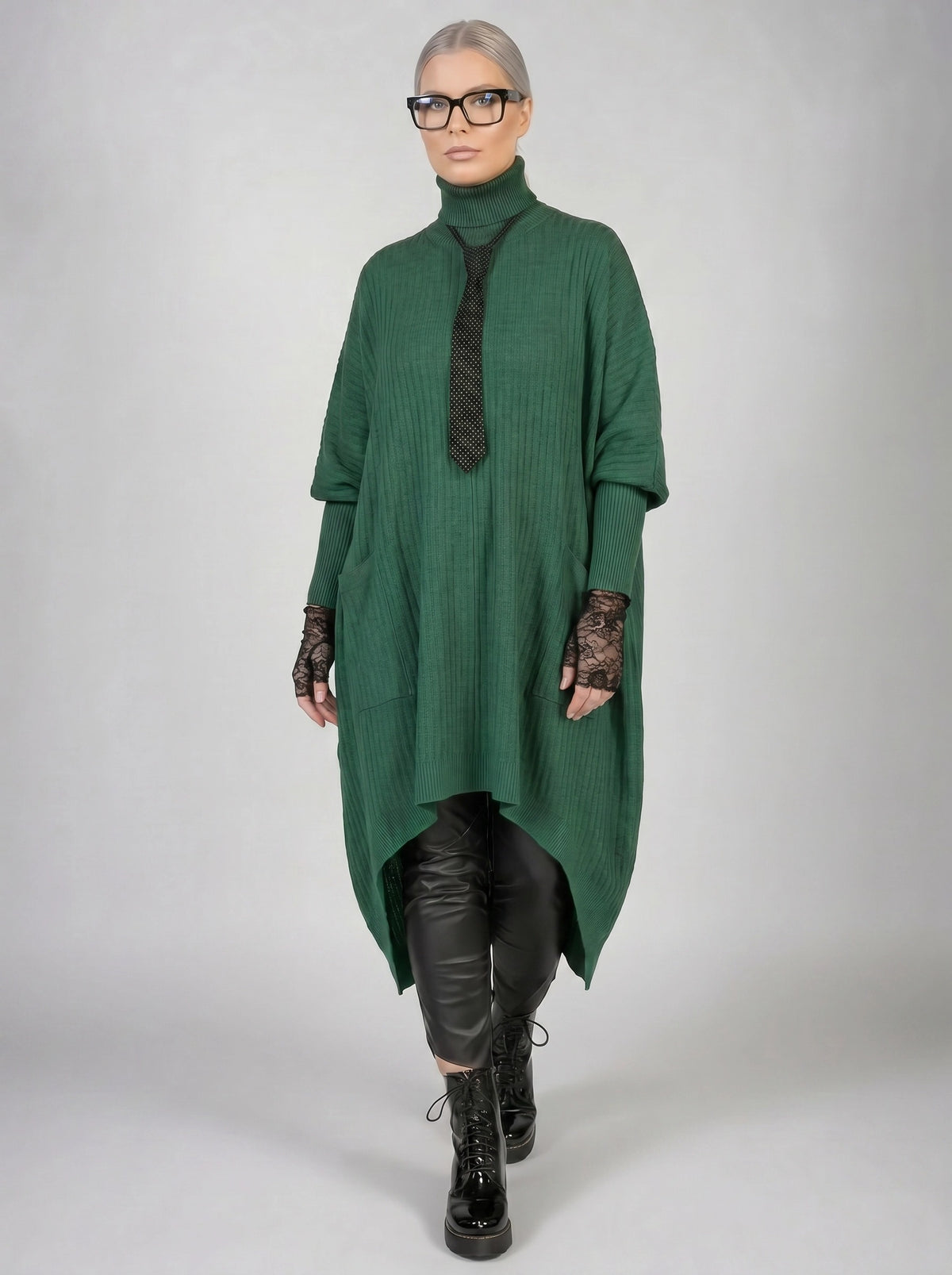Asymmetrical Knitted Pullover Green Dress with Turtleneck-SimpleModerne