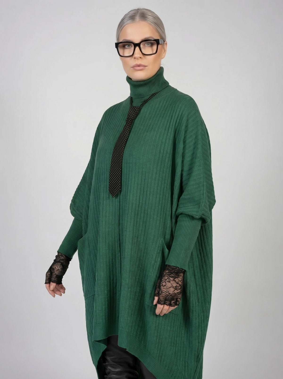 Asymmetrical Knitted Pullover Green Dress with Turtleneck-SimpleModerne