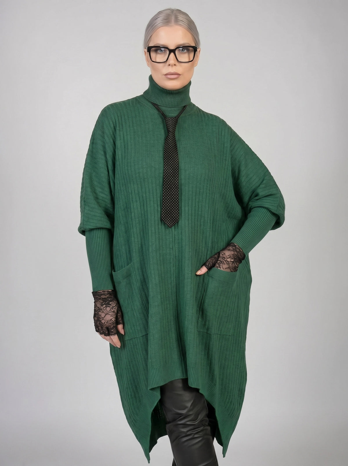 Asymmetrical Knitted Pullover Green Dress with Turtleneck-SimpleModerne
