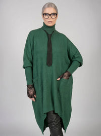 Asymmetrical Knitted Pullover Green Dress with Turtleneck-SimpleModerne