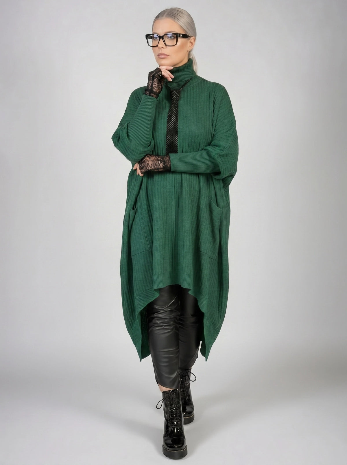 Asymmetrical Knitted Pullover Green Dress with Turtleneck-SimpleModerne