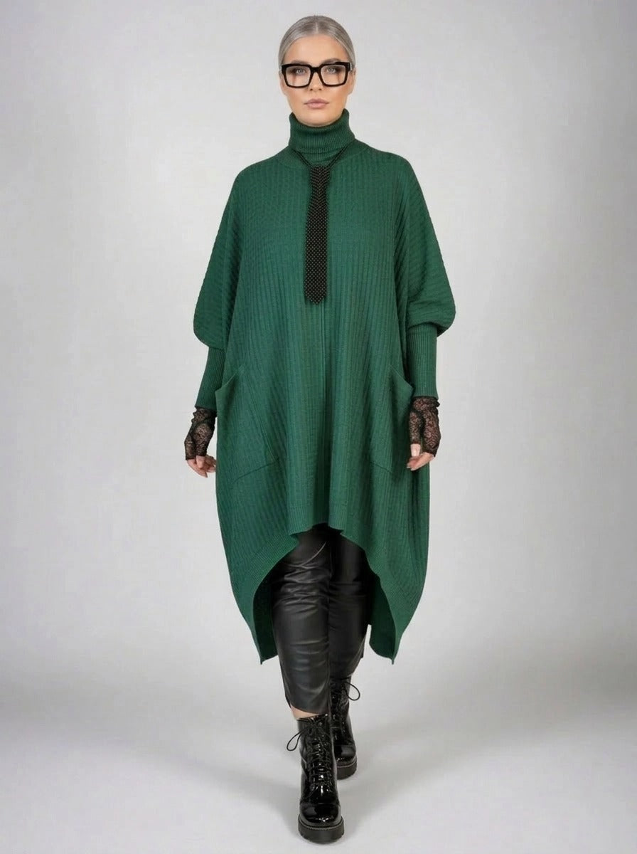 Asymmetrical Knitted Pullover Green Dress with Turtleneck-SimpleModerne