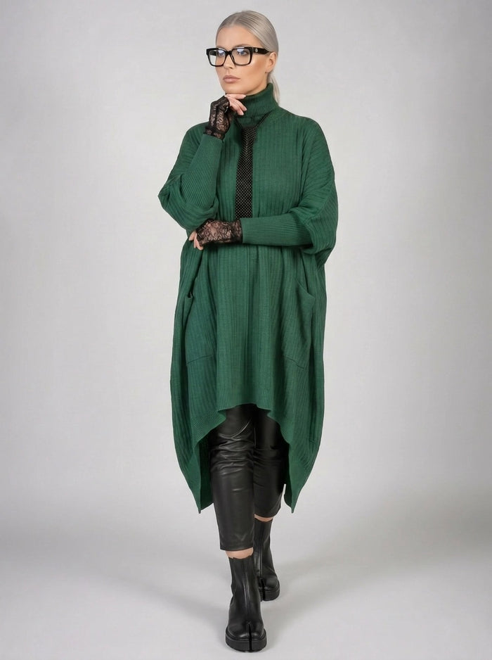 Asymmetrical Knitted Pullover Green Dress with Turtleneck-SimpleModerne
