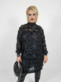 Edgy Sheer Pullover Dress with Side Splits and Textured Star Details-SimpleModerne