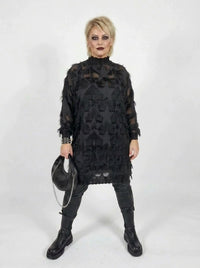 Edgy Sheer Pullover Dress with Side Splits and Textured Star Details-SimpleModerne