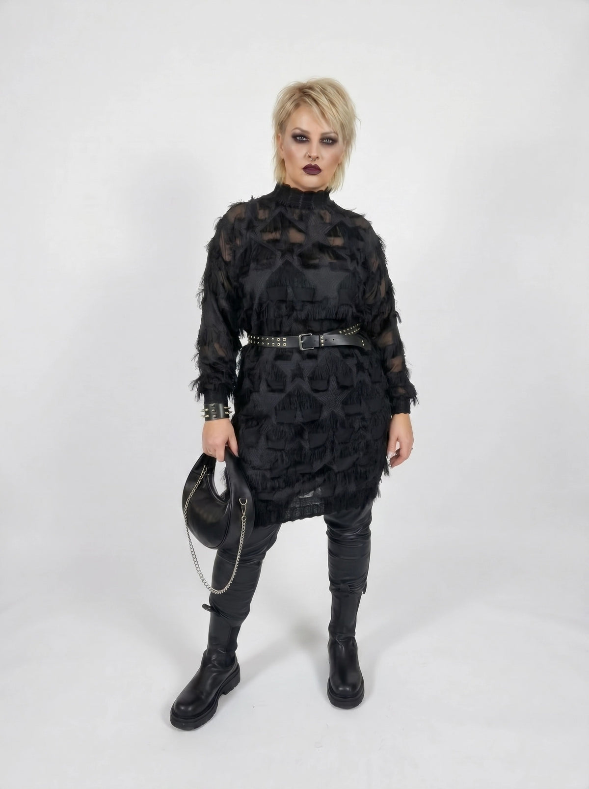 Edgy Sheer Pullover Dress with Side Splits and Textured Star Details-SimpleModerne