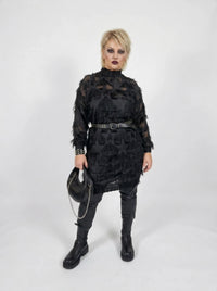 Edgy Sheer Pullover Dress with Side Splits and Textured Star Details-SimpleModerne
