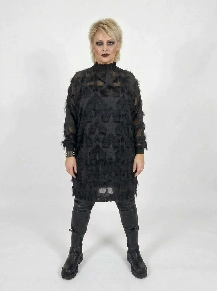 Edgy Sheer Pullover Dress with Side Splits and Textured Star Details-SimpleModerne