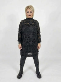 Edgy Sheer Pullover Dress with Side Splits and Textured Star Details-SimpleModerne