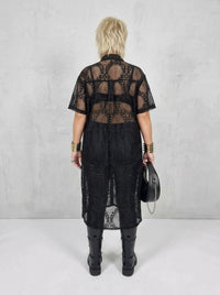 Gothic Style Black Lace See-Through Shirt Dress with Button Closure-SimpleModerne