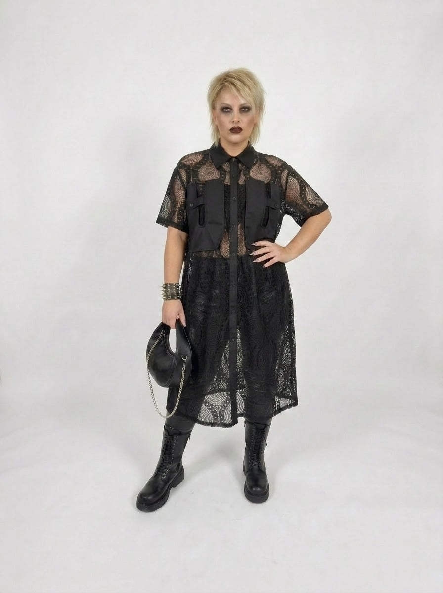 Gothic Style Black Lace See-Through Shirt Dress with Button Closure-SimpleModerne