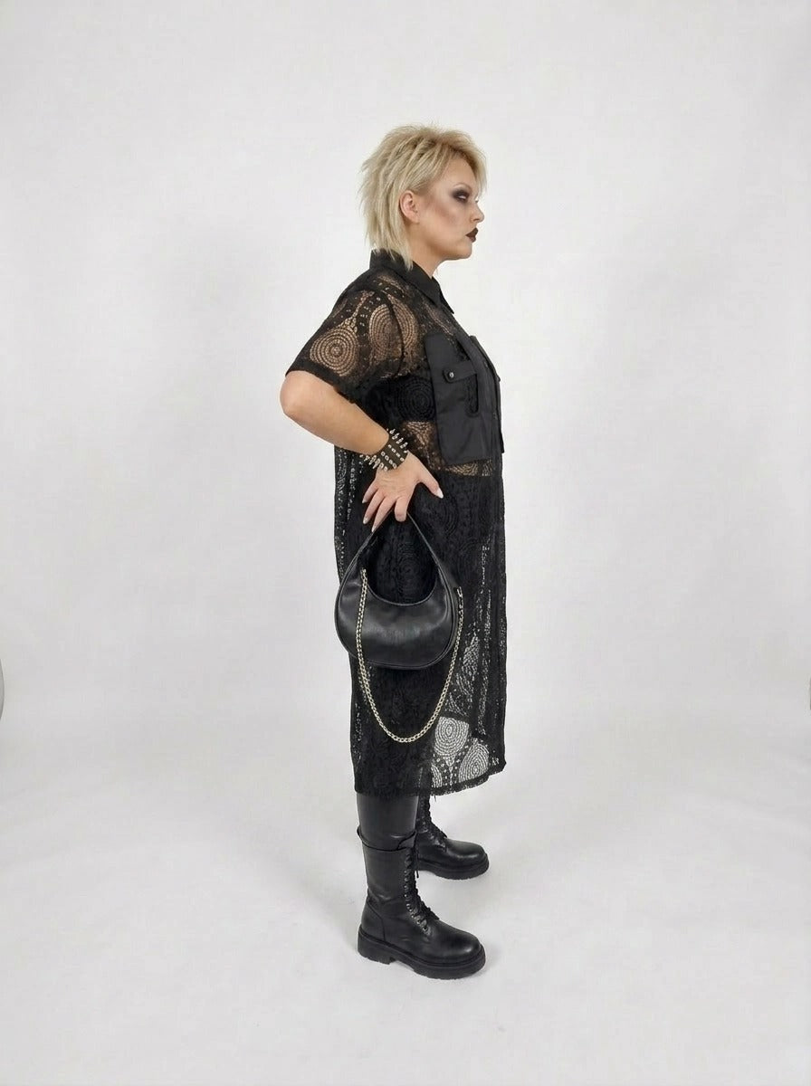 Gothic Style Black Lace See-Through Shirt Dress with Button Closure-SimpleModerne