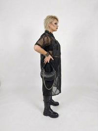 Gothic Style Black Lace See-Through Shirt Dress with Button Closure-SimpleModerne