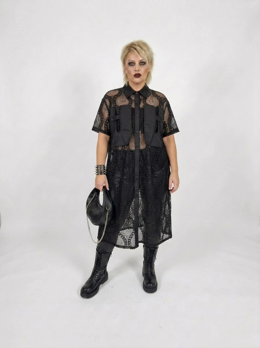Gothic Style Black Lace See-Through Shirt Dress with Button Closure-SimpleModerne