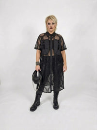 Gothic Style Black Lace See-Through Shirt Dress with Button Closure-SimpleModerne