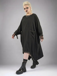 Oversized Rivet-Trim Pullover Dress – Punk-Inspired Cocoon Fit-SimpleModerne