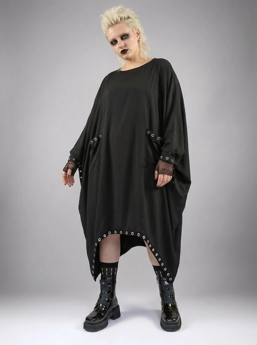 Oversized Rivet-Trim Pullover Dress – Punk-Inspired Cocoon Fit-SimpleModerne