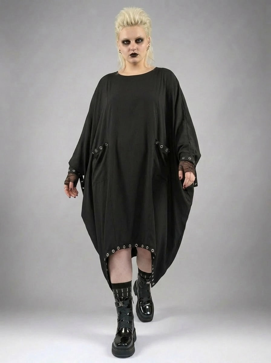Oversized Rivet-Trim Pullover Dress – Punk-Inspired Cocoon Fit-SimpleModerne