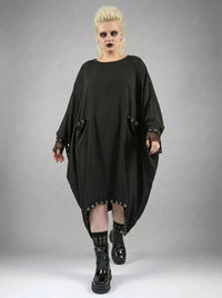 Oversized Rivet-Trim Pullover Dress – Punk-Inspired Cocoon Fit-SimpleModerne