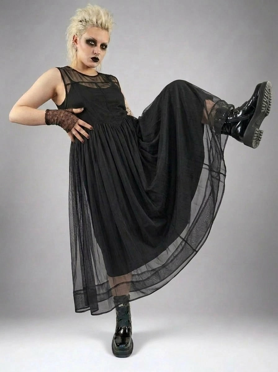 Layered Elegance: Sheer Black Gothic-Inspired Overlay Dress-SimpleModerne