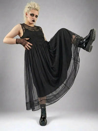 Layered Elegance: Sheer Black Gothic-Inspired Overlay Dress-SimpleModerne