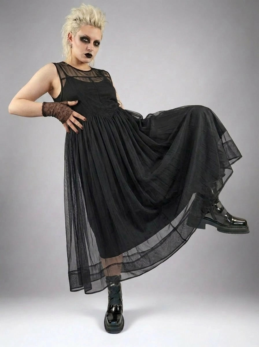 Layered Elegance: Sheer Black Gothic-Inspired Overlay Dress-SimpleModerne