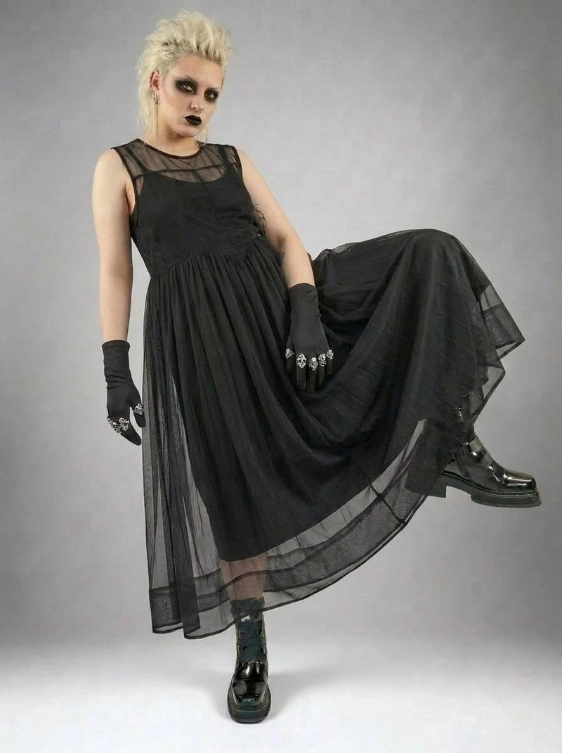 Layered Elegance: Sheer Black Gothic-Inspired Overlay Dress – SimpleModerne