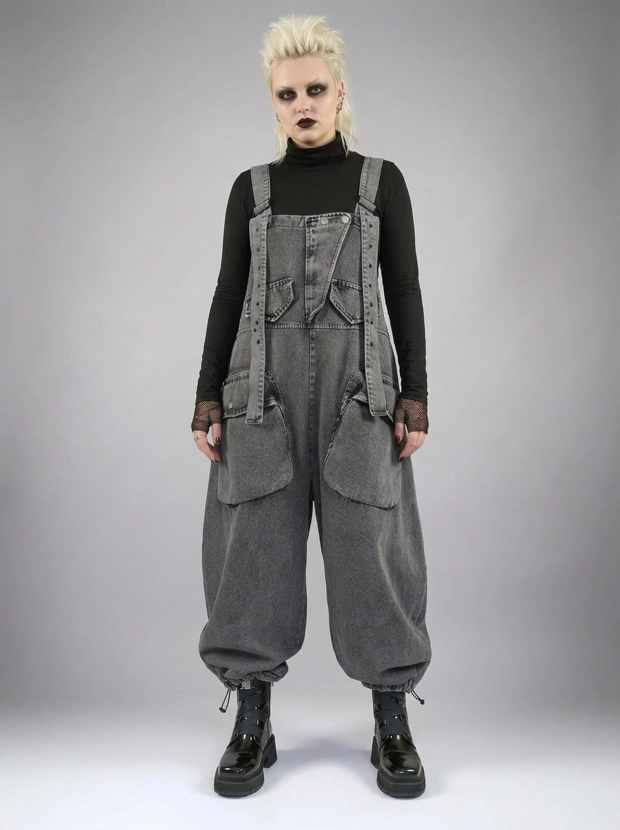 Street Punk Style Oversized Fit Vintage Denim Overalls-SimpleModerne