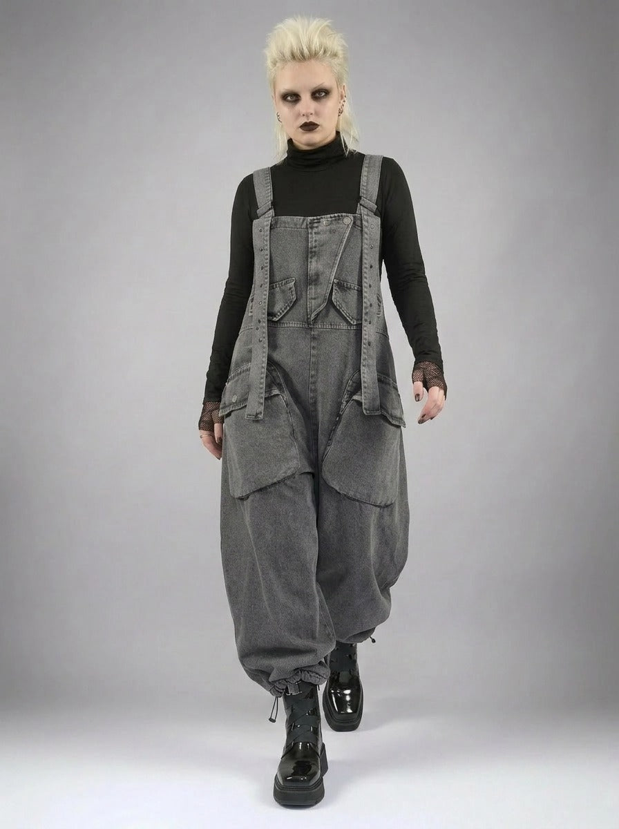 Street Punk Style Oversized Fit Vintage Denim Overalls-SimpleModerne