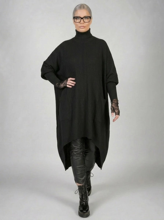 Asymmetrical Knitted Pullover Dress with Turtleneck-SimpleModerne