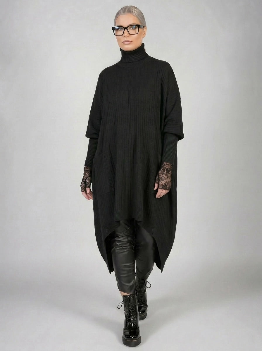 Asymmetrical Knitted Pullover Dress with Turtleneck-SimpleModerne