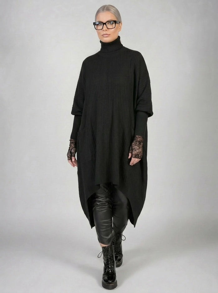 Asymmetrical Knitted Pullover Dress with Turtleneck-SimpleModerne