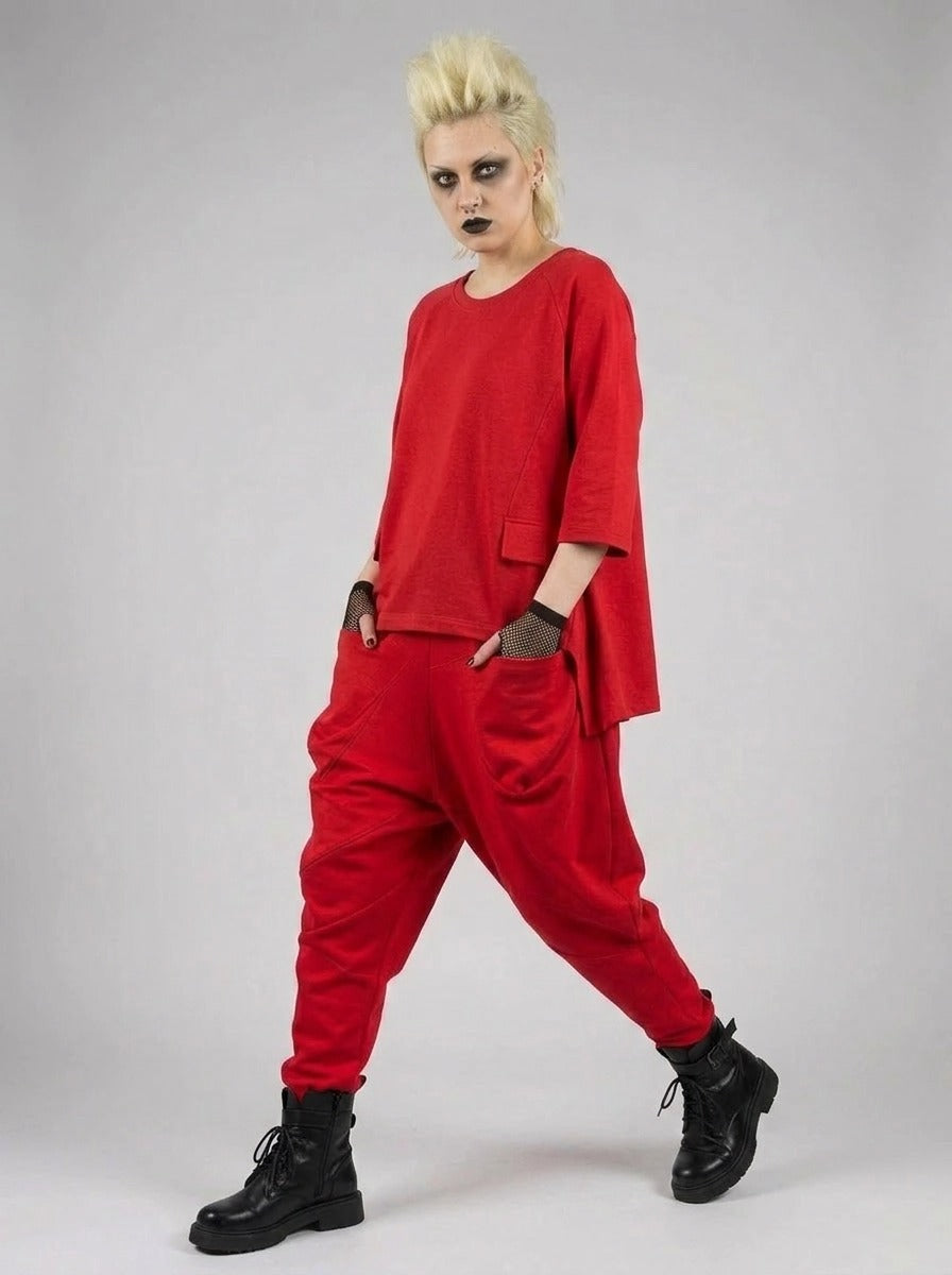 Punky Drop-Crotch Trousers — Statement Red