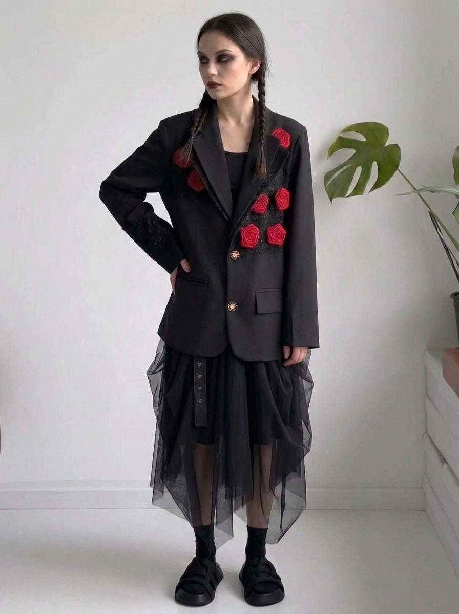 Rose Appliqué Blazer – Gothic Tailoring Statement-SimpleModerne