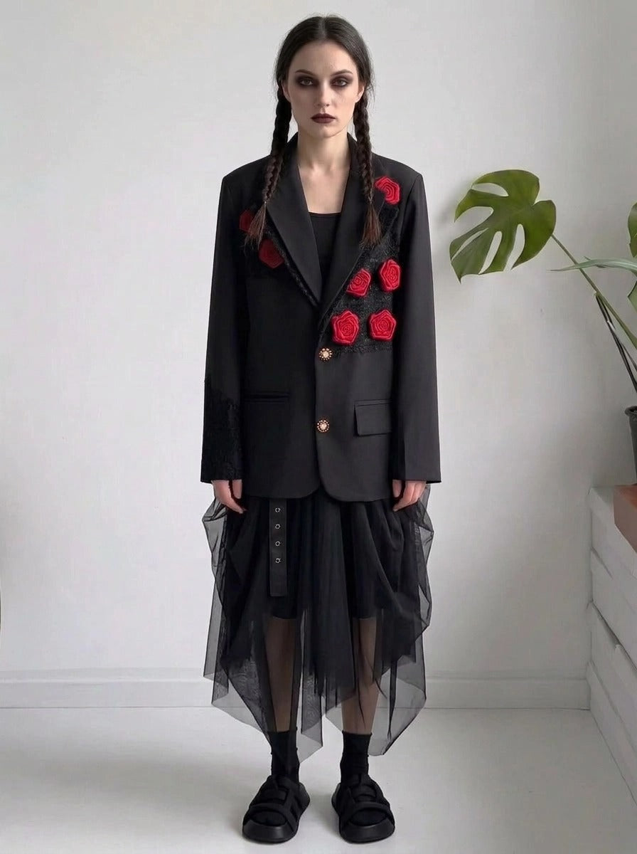 Rose Appliqué Blazer – Gothic Tailoring Statement-SimpleModerne