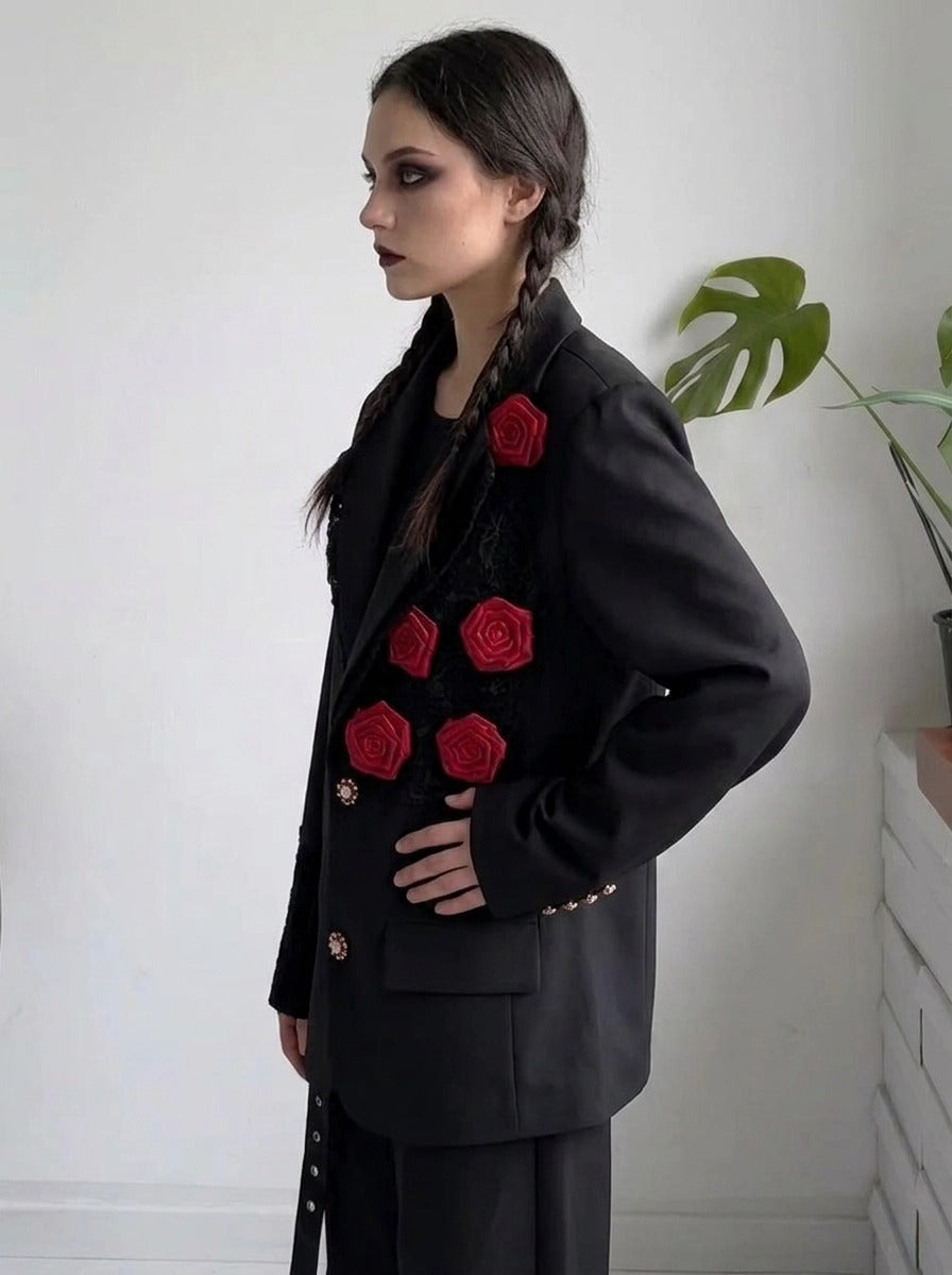 Rose Appliqué Blazer – Gothic Tailoring Statement-SimpleModerne