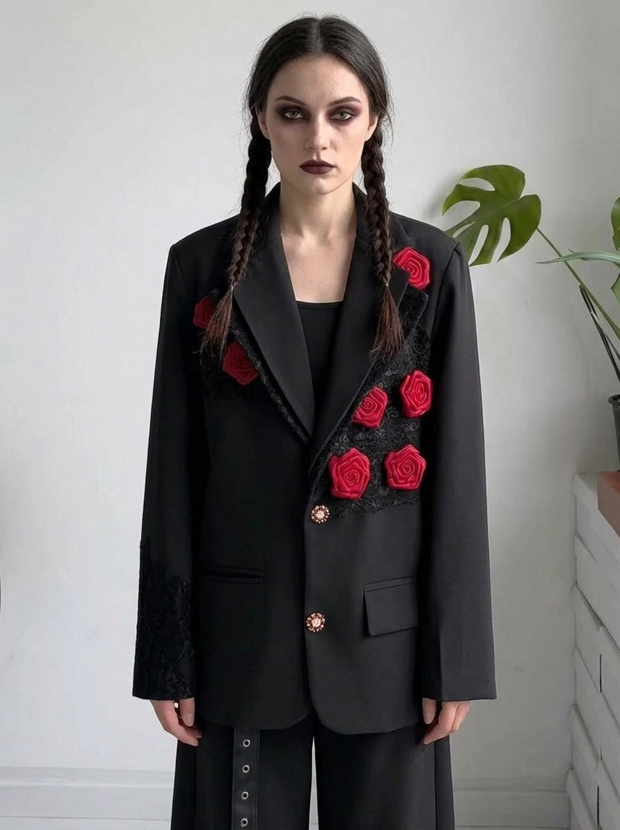 Rose Appliqué Blazer – Gothic Tailoring Statement-SimpleModerne