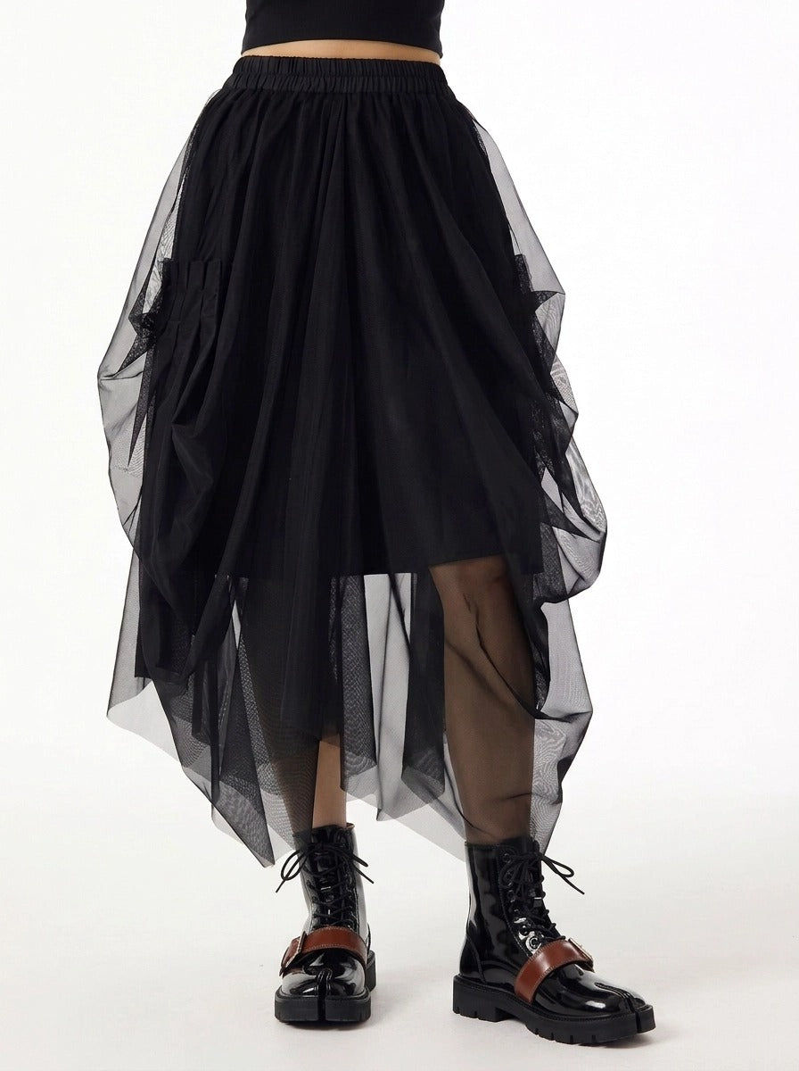 Simple Moderne Black Gothic Tulle Skirt – Layered Asymmetrical High Waist