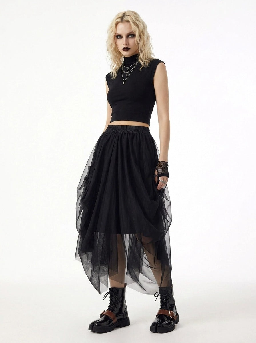 Simple Moderne Black Gothic Tulle Skirt – Layered Asymmetrical High Waist